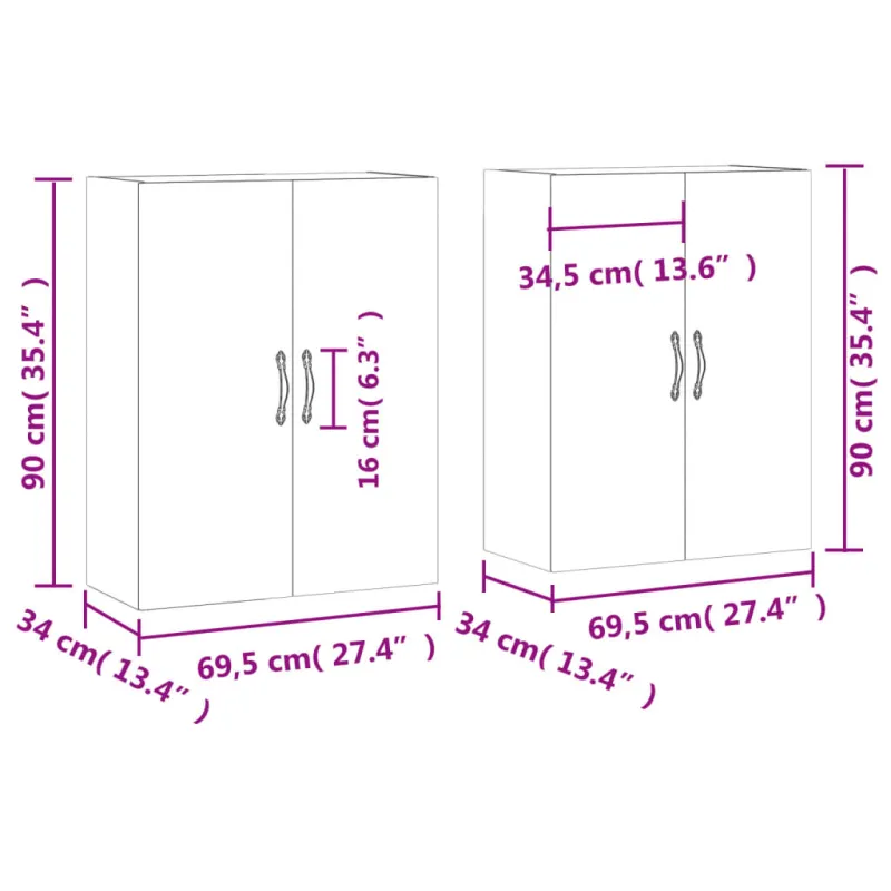 Prie sienos montuojamos spintelės, 2vnt., pilkos, 69,5x34x90cm