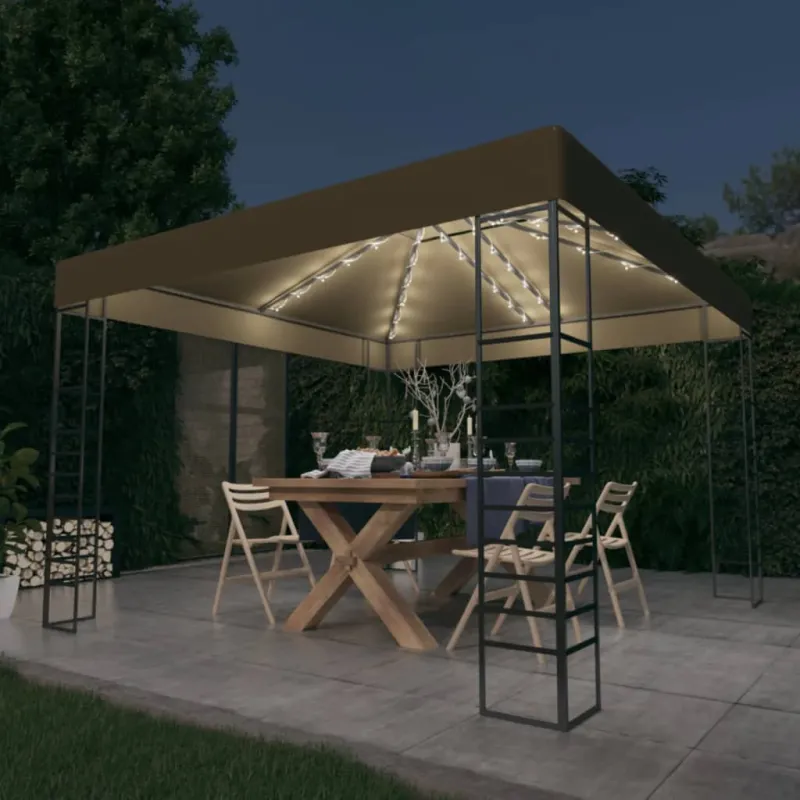Sodo pavėsinė su lempučių girliandomis LED, taupe, 3x3m
