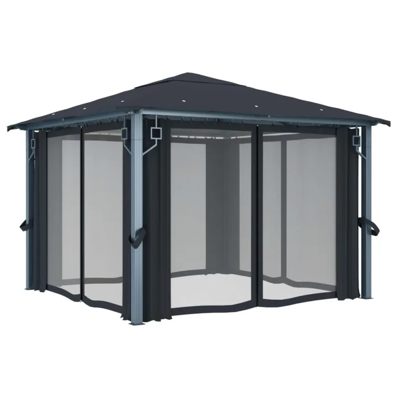 Pavėsinė su užuolaidomis ir lemputėmis LED, antracito, 3x3 m