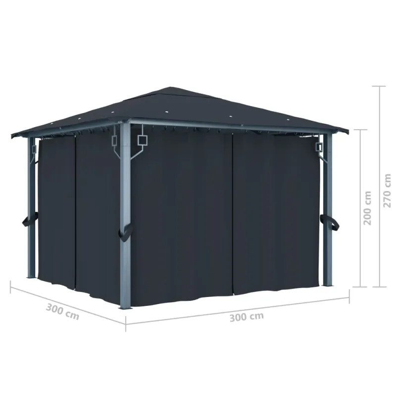 Pavėsinė su užuolaidomis ir lemputėmis LED, antracito, 3x3 m