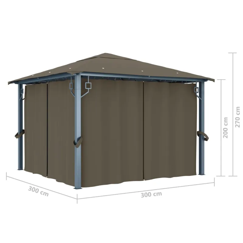 Pavėsinė su užuolaidomis ir lemputėmis LED, taupe, 300x300cm