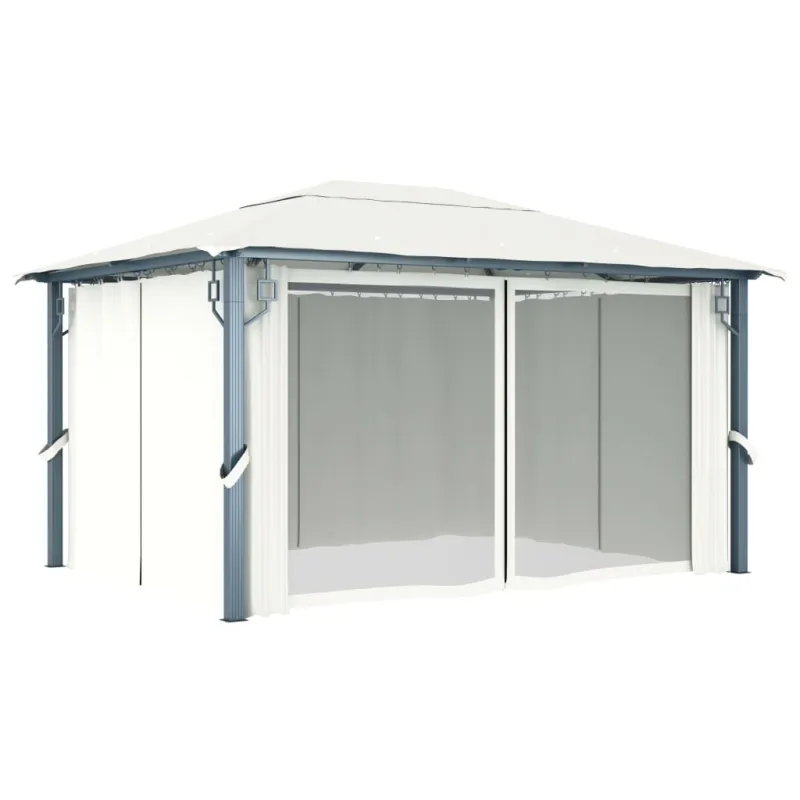Pavėsinė su užuolaidomis ir lemputėmis LED, kreminė, 400x300cm