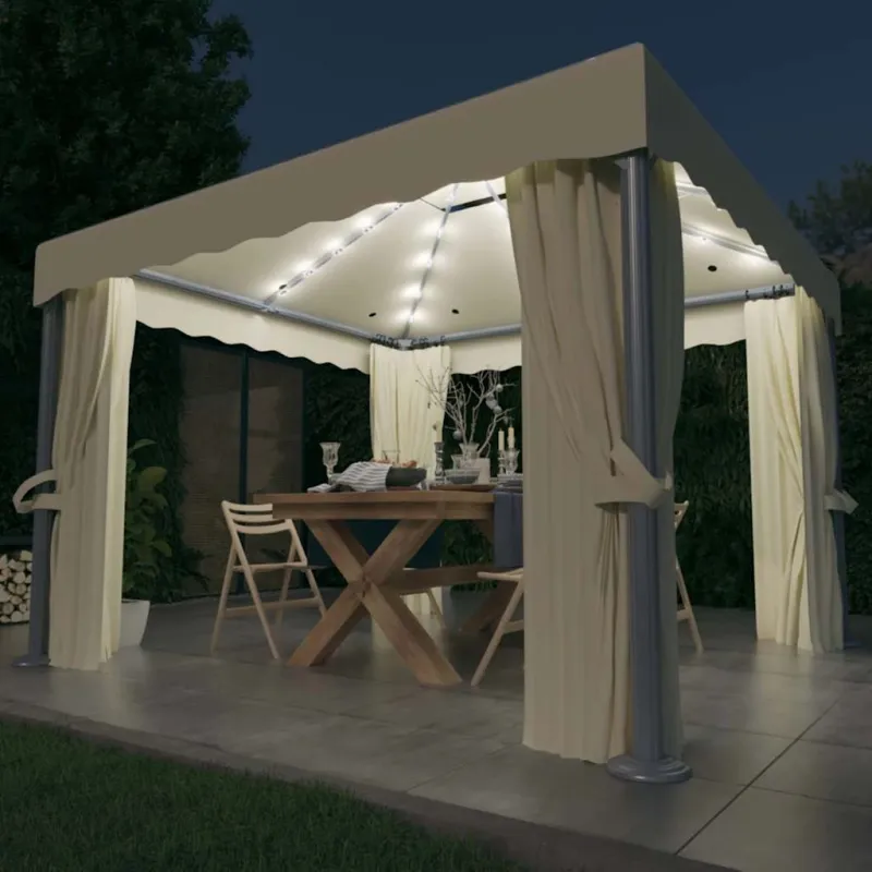 Pavėsinė su lemputėmis ir užuolaidomis LED, kreminė balta, 3x3m