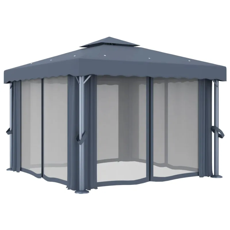 Pavėsinė su lemputėmis ir užuolaidomis LED, antracito, 3x3m