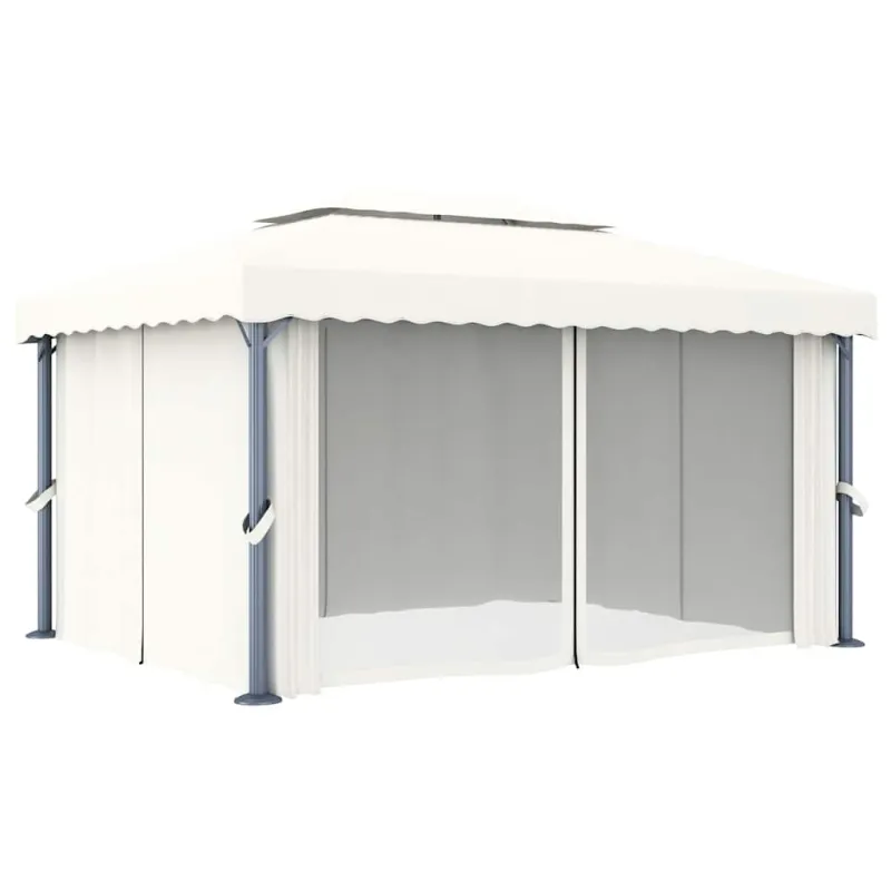 Pavėsinė su lemputėmis ir užuolaidomis LED, kreminė balta, 4x3m