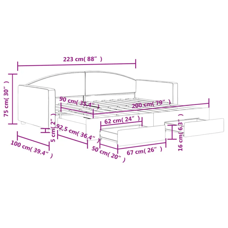Ištraukiama lova su stalčiais, kreminė, 90x200cm, audinys