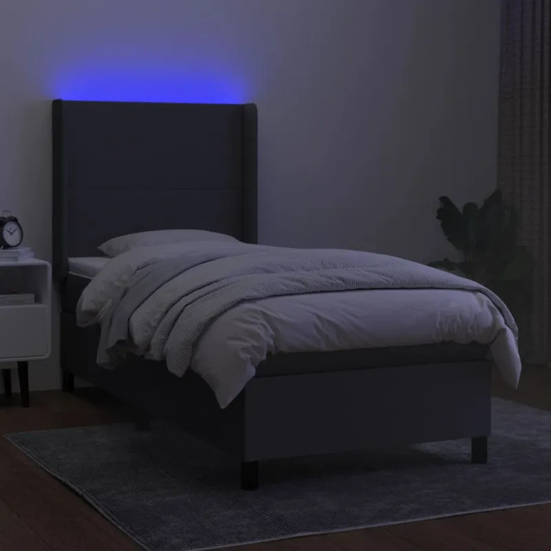 Lova su spyruoklėmis/čiužiniu/LED, pilka, 90x200 cm, audinys