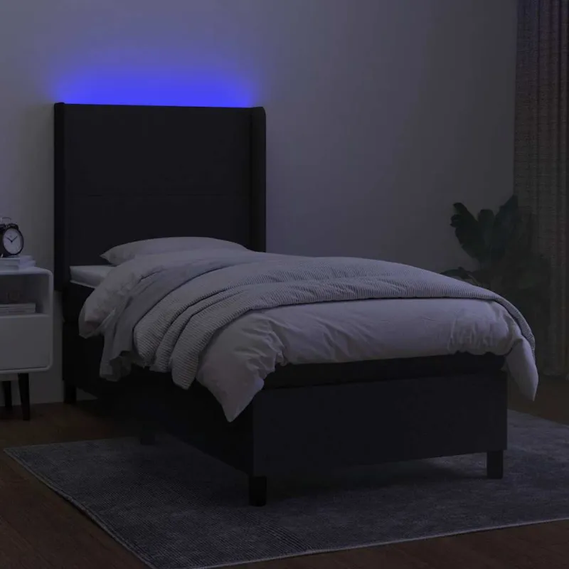 Lova su spyruoklėmis/čiužiniu/LED, juoda, 90x200 cm, audinys