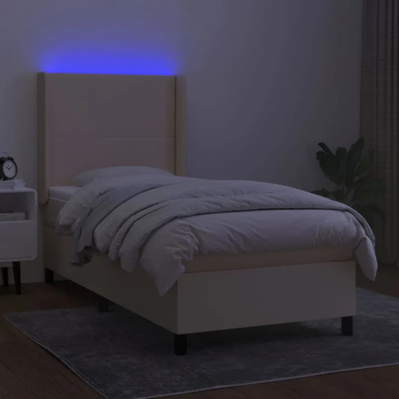 Lova su spyruoklėmis/čiužiniu/LED, kreminė, 100x200 cm, audinys