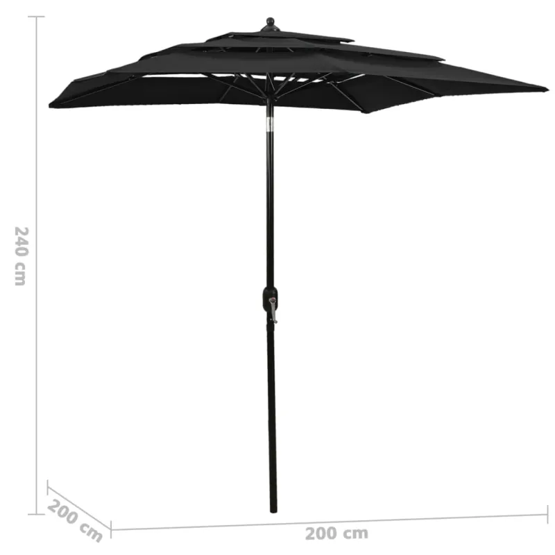 Sodo skėtis su aliuminio stulpu, juodas, 2x2m, 3 aukščių