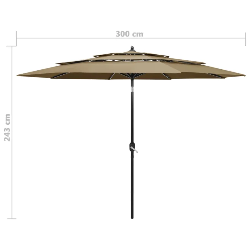 Sodo skėtis su aliuminio stulpu, taupe spalvos, 3m, 3 aukščių