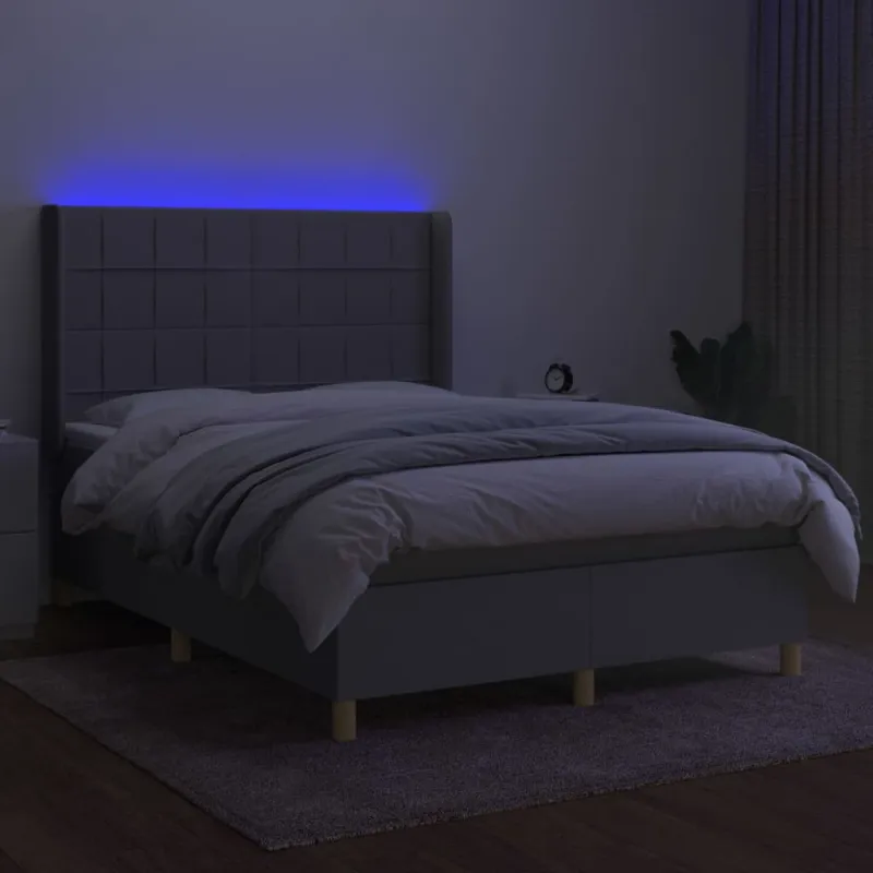 Lova su spyruoklėmis/čiužiniu/LED, pilka, 140x200 cm, audinys