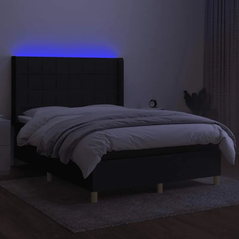 Lova su spyruoklėmis/čiužiniu/LED, juoda, 140x200 cm, audinys