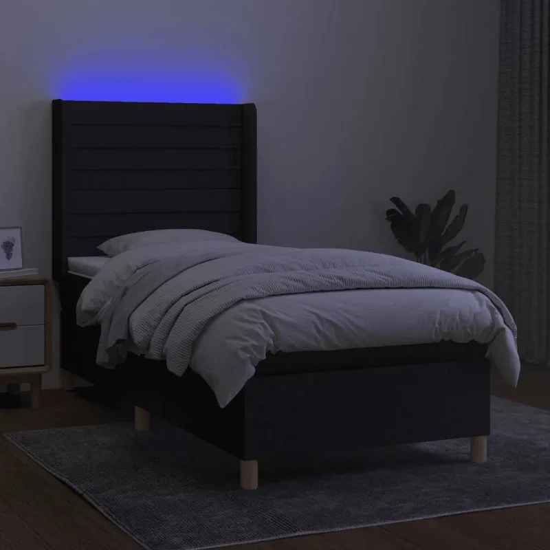 Lova su spyruoklėmis/čiužiniu/LED, juoda, 80x200cm, audinys