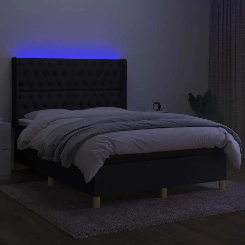 Lova su spyruoklėmis/čiužiniu/LED, juoda, 140x200 cm, audinys