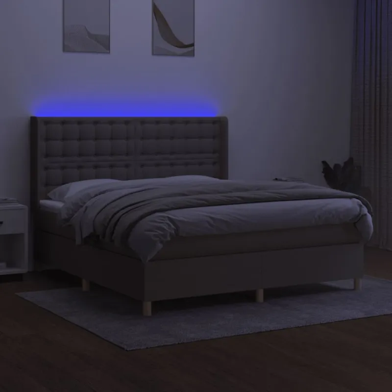 Lova su spyruoklėmis/čiužiniu/LED, taupe, 180x200 cm, audinys