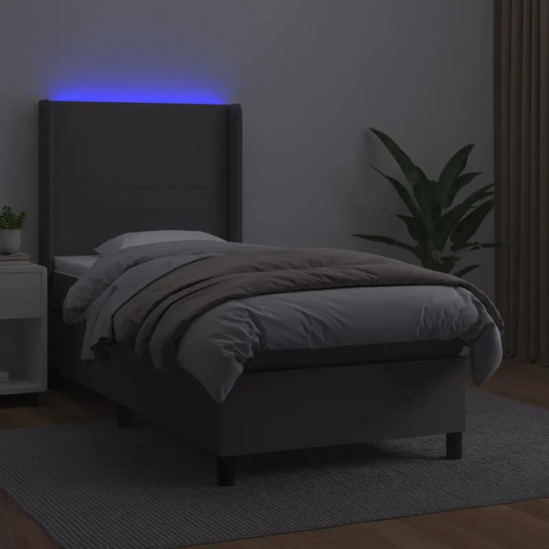 Lova su spyruoklėmis/čiužiniu/LED, pilka, 90x190cm dirbtinė oda