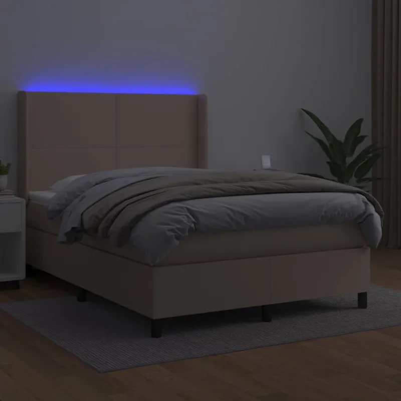 Lova su spyruoklėmis/čiužiniu/LED, kapučino, 140x190cm dirbtinė