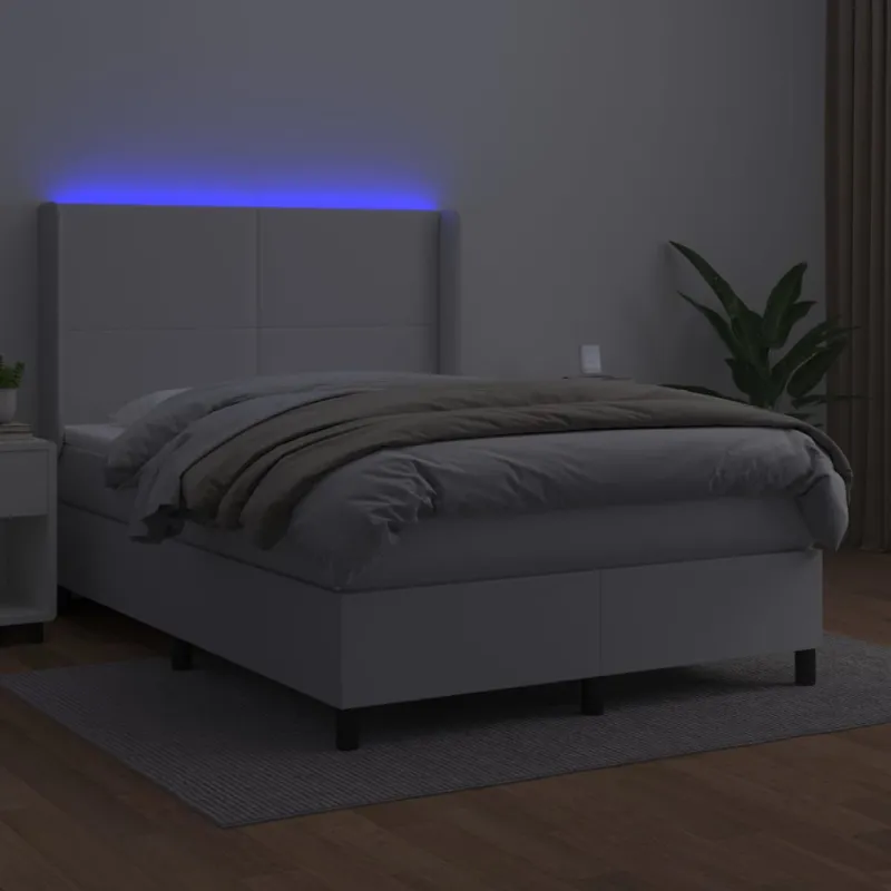 Lova su spyruoklėmis/čiužiniu/LED, balta 140x200cm dirbtinė oda