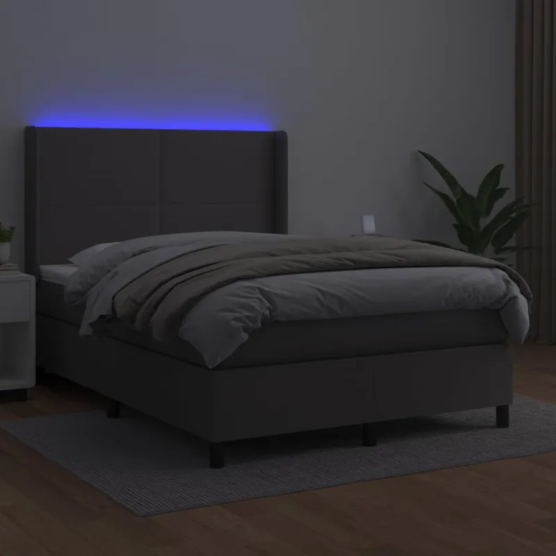 Lova su spyruoklėmis/čiužiniu/LED, pilka 140x200cm dirbtinė oda