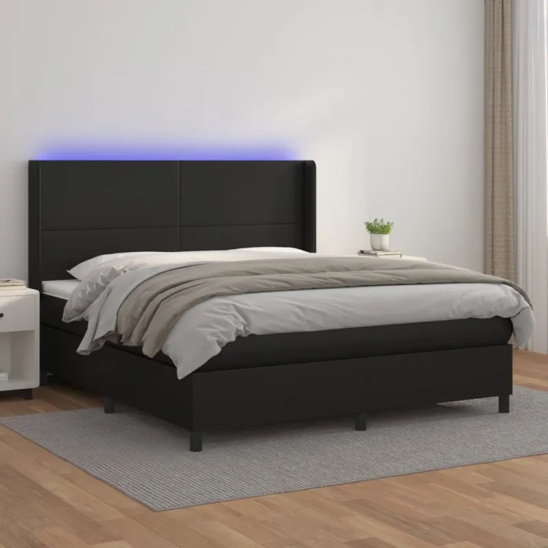 Lova su spyruoklėmis/čiužiniu/LED, juoda 180x200cm dirbtinė oda