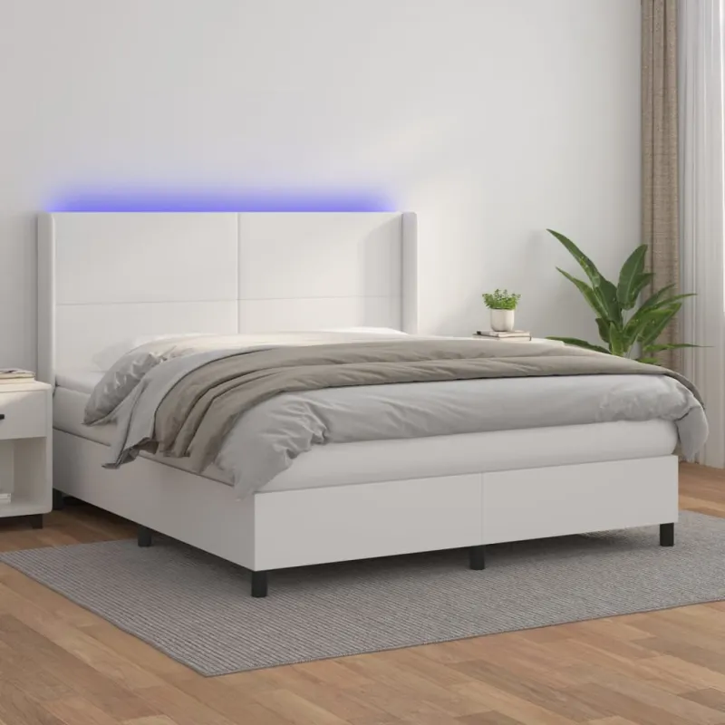 Lova su spyruoklėmis/čiužiniu/LED, balta 180x200cm dirbtinė oda
