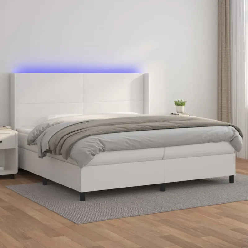 Lova su spyruoklėmis/čiužiniu/LED, balta 200x200cm dirbtinė oda