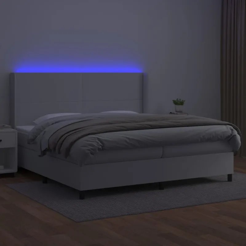 Lova su spyruoklėmis/čiužiniu/LED, balta 200x200cm dirbtinė oda