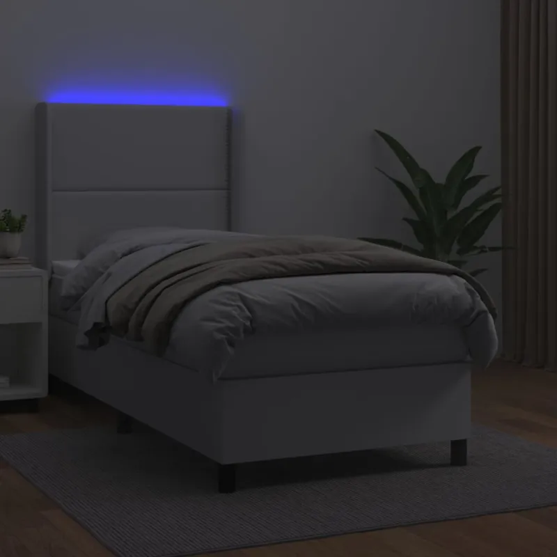 Lova su spyruoklėmis/čiužiniu/LED, balta 100x200cm dirbtinė oda