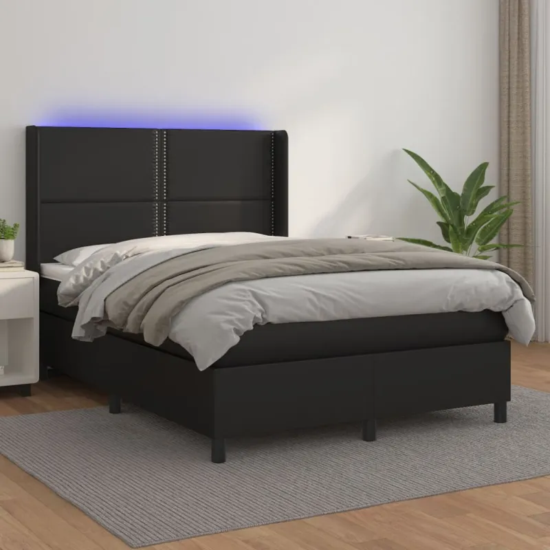 Lova su spyruoklėmis/čiužiniu/LED, juoda 140x200cm dirbtinė oda