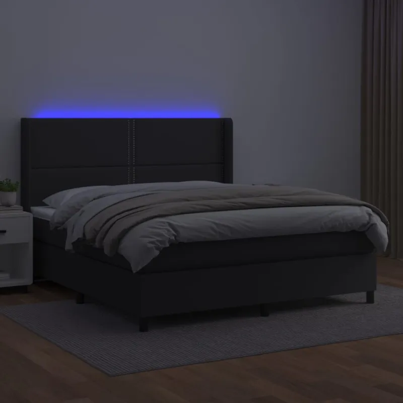 Lova su spyruoklėmis/čiužiniu/LED, juoda 180x200cm dirbtinė oda