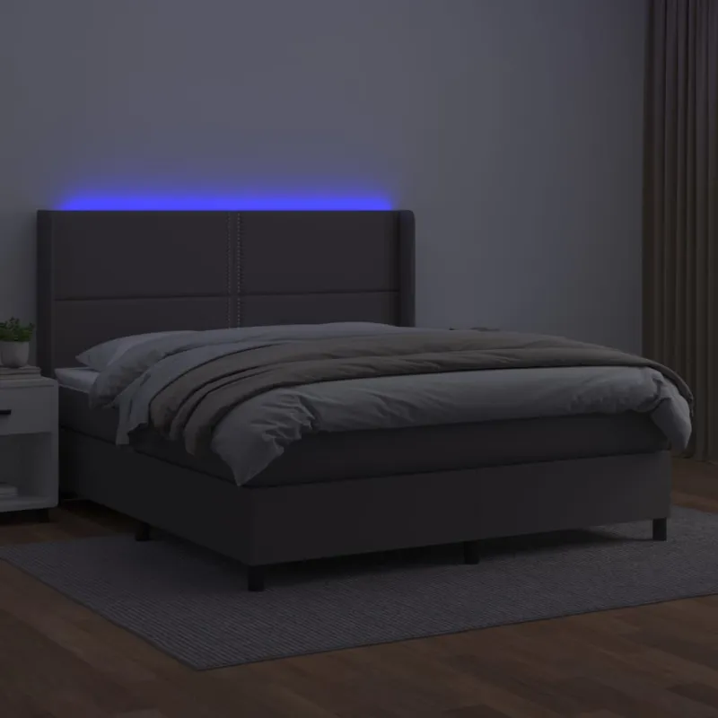 Lova su spyruoklėmis/čiužiniu/LED, pilka 180x200cm dirbtinė oda