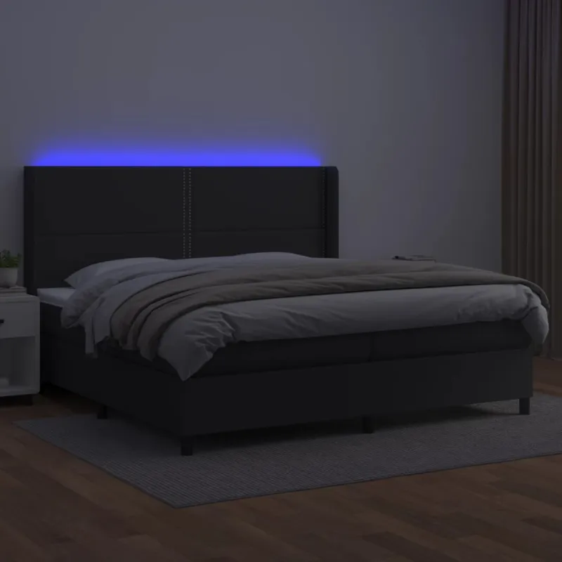 Lova su spyruoklėmis/čiužiniu/LED, juoda 200x200cm dirbtinė oda