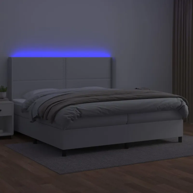 Lova su spyruoklėmis/čiužiniu/LED, balta 200x200cm dirbtinė oda