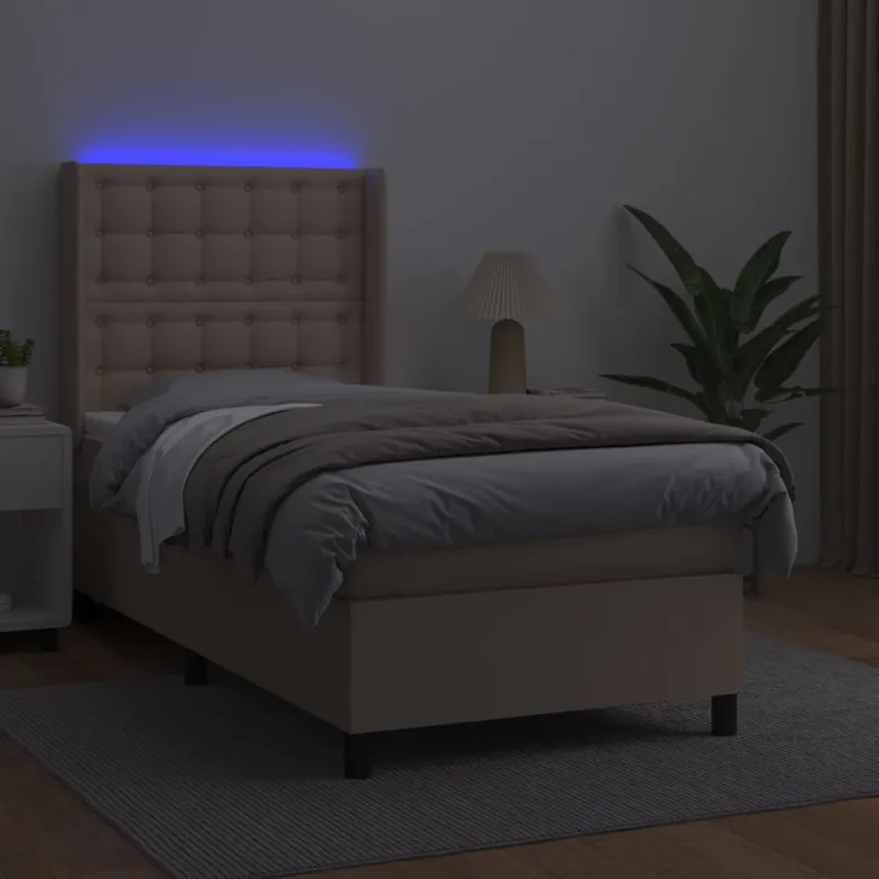 Lova su spyruoklėmis/čiužiniu/LED, kapučino, 90x190 cm dirbtinė