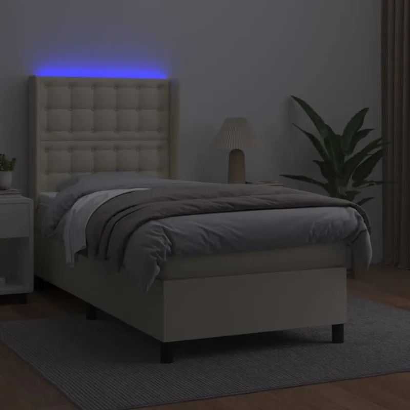 Lova su spyruoklėmis ir čiužiniu/LED, kreminė, 100x200 cm