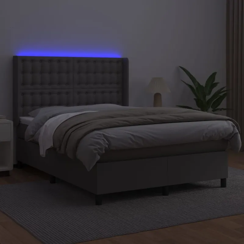 Lova su spyruoklėmis/čiužiniu/LED, pilka 140x190cm dirbtinė oda