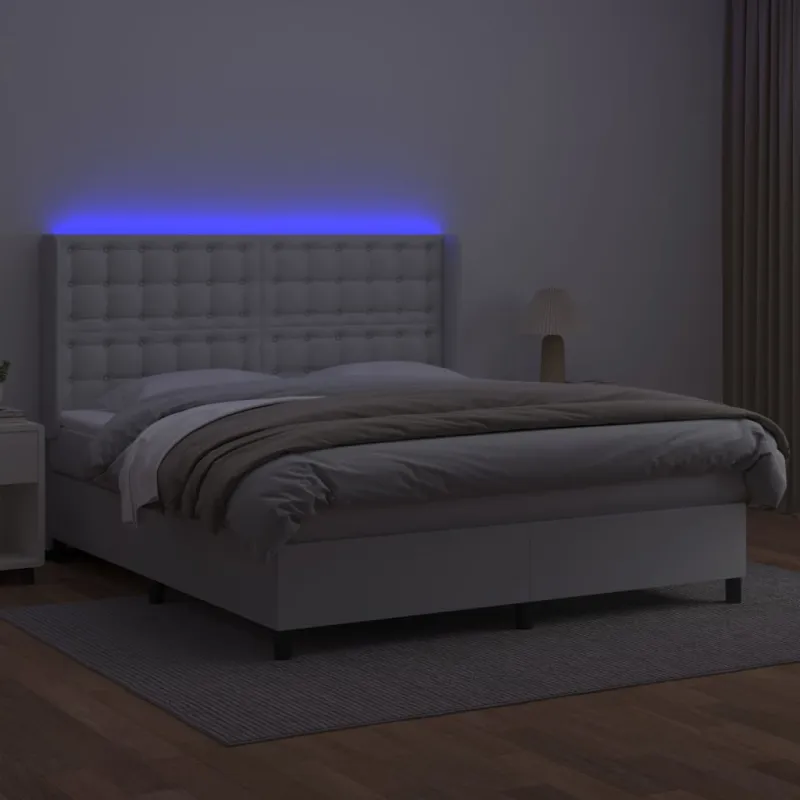 Lova su spyruoklėmis/čiužiniu/LED, balta 160x200cm dirbtinė oda