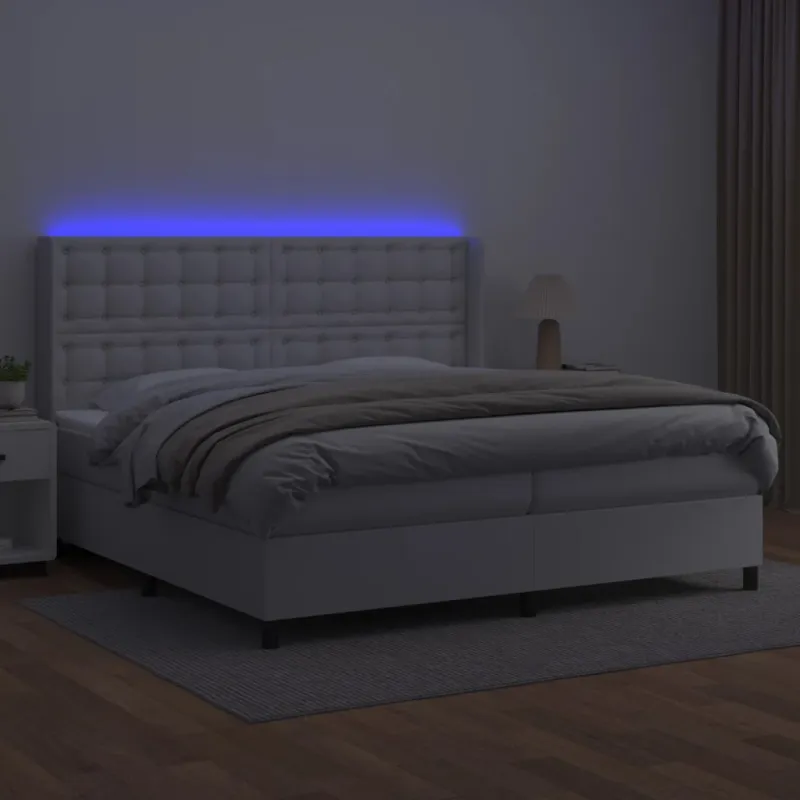 Lova su spyruoklėmis/čiužiniu/LED, balta 200x200cm dirbtinė oda