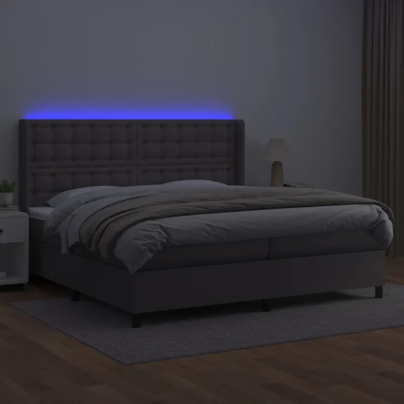 Lova su spyruoklėmis/čiužiniu/LED, pilka 200x200cm dirbtinė oda
