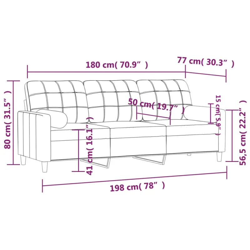Trivietė sofa su pagalvėlėmis, rudos spalvos, 180cm, audinys