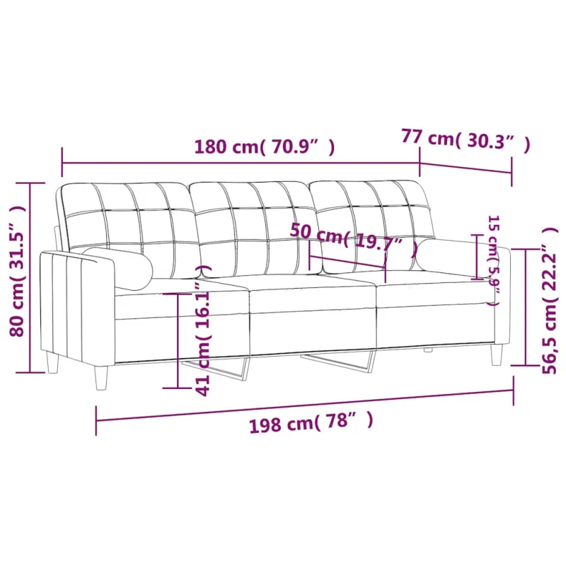 Trivietė sofa su pagalvėlėmis, juodos spalvos, 180cm, audinys