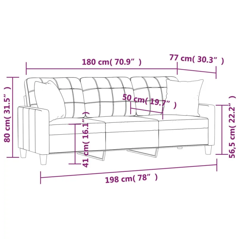 Trivietė sofa su pagalvėlėmis, juoda, 180cm, dirbtinė oda