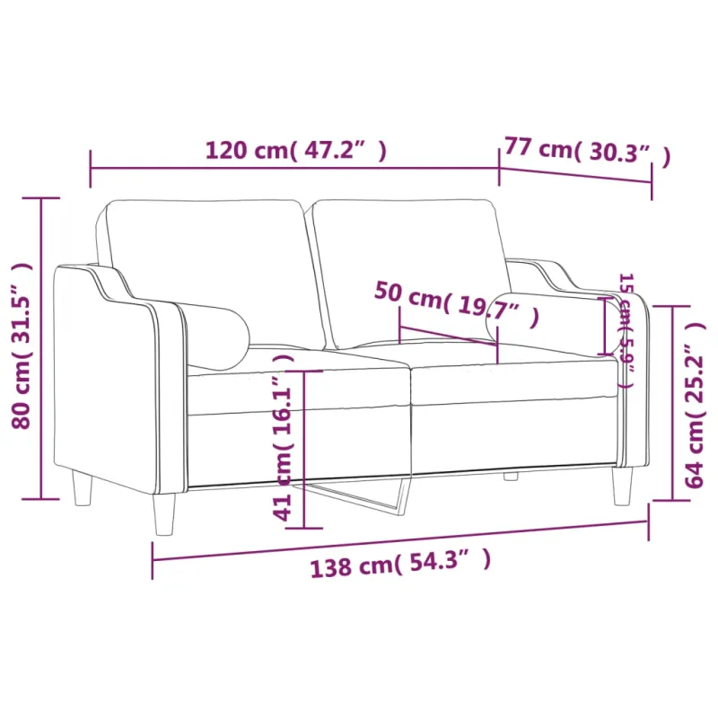 Dvivietė sofa su pagalvėlėmis, rudos spalvos, 120cm, audinys