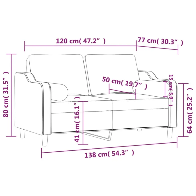 Dvivietė sofa su pagalvėlėmis, juodos spalvos, 120cm, audinys