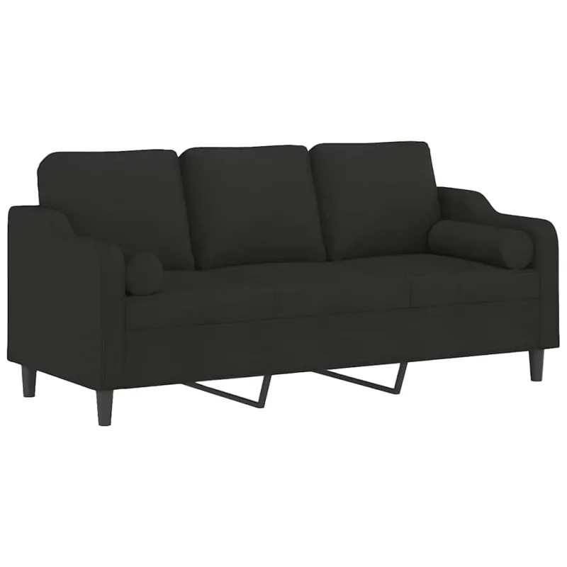 Trivietė sofa su pagalvėlėmis, juodos spalvos, 180cm, audinys