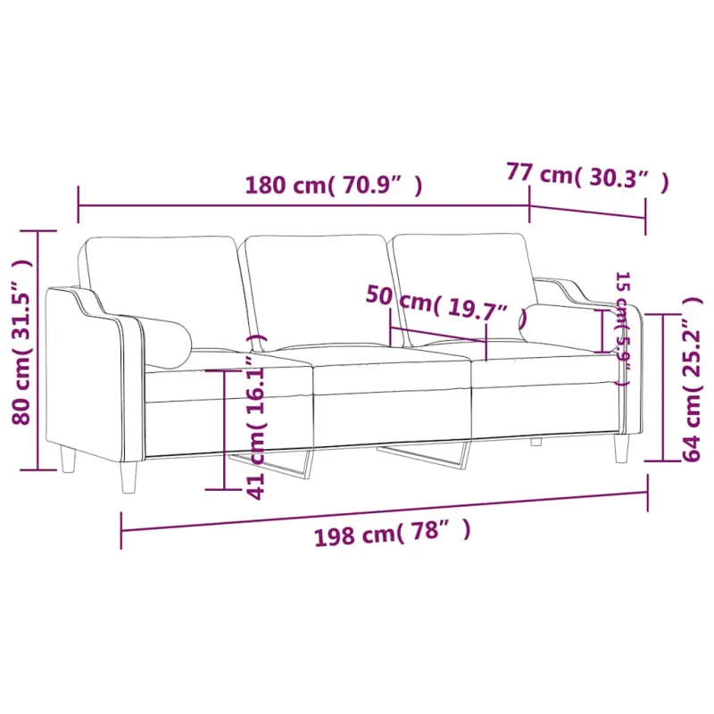 Trivietė sofa su pagalvėlėmis, juodos spalvos, 180cm, audinys