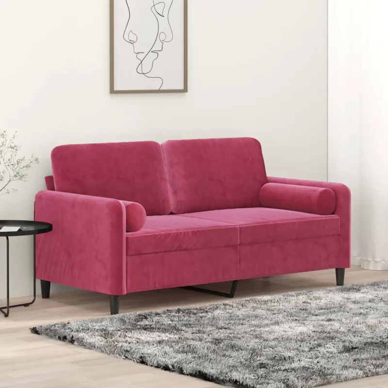 Dvivietė sofa su pagalvėlėmis, raudonojo vyno, 140cm, aksomas