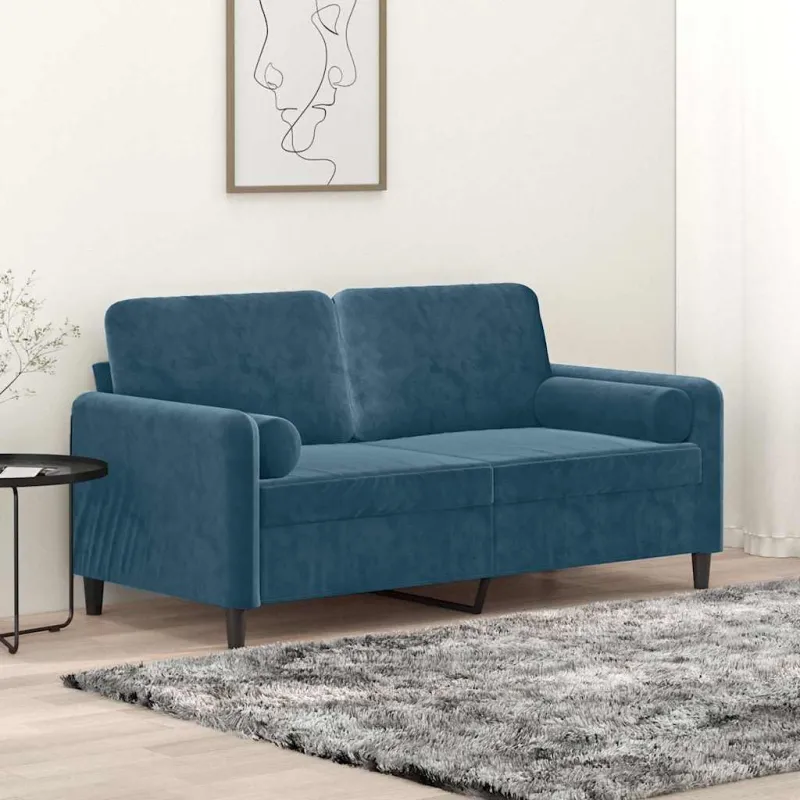 Dvivietė sofa su pagalvėlėmis, mėlynos spalvos, 140cm, aksomas