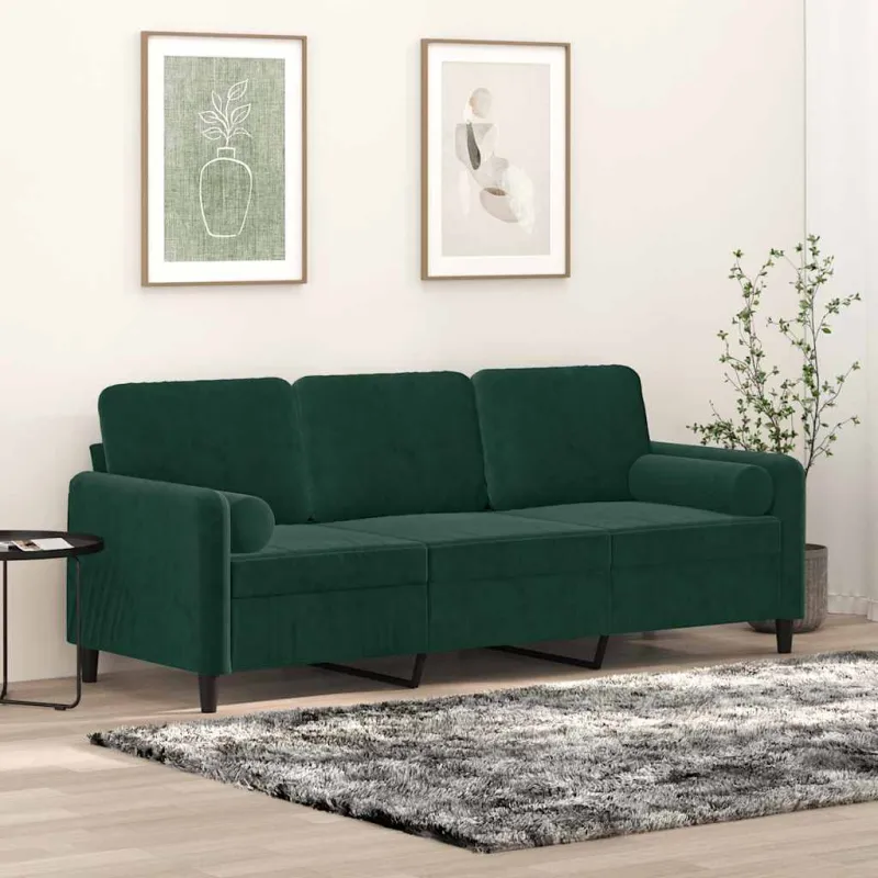 Trivietė sofa su pagalvėlėmis, tamsiai žalia, 180cm, aksomas